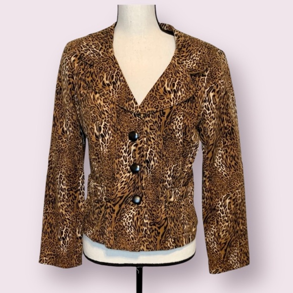 Maggy London Leopard Cheetah Print Blazer Short Waisted Brown Black Tan Size 10 - Picture 1 of 16
